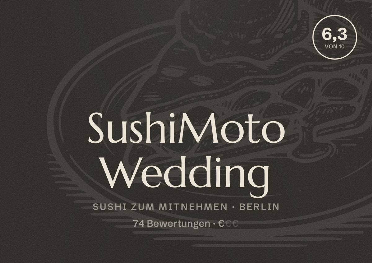 Illustriertes Poster von SushiMoto Wedding, Sushi zum Mitnehmen in Berlin: Bewertung 6,3 von 10 aus 74 Bewertungen, Preisniveau €