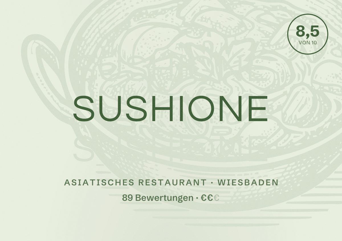 Illustriertes Poster von SushiOne, Asiatisches Restaurant in Wiesbaden: Bewertung 8,5 von 10 aus 89 Bewertungen, Preisniveau €€