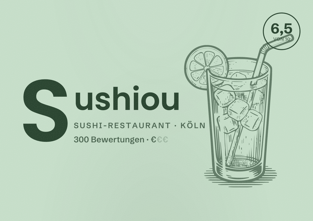 Illustriertes Poster von Sushiou, Sushi-Restaurant in Köln: Bewertung 6,5 von 10 aus 300 Bewertungen, Preisniveau €