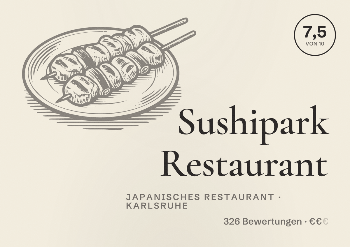 Illustriertes Poster von Sushipark Restaurant, Japanisches Restaurant in Karlsruhe: Bewertung 7,5 von 10 aus 326 Bewertungen, Preisniveau €€