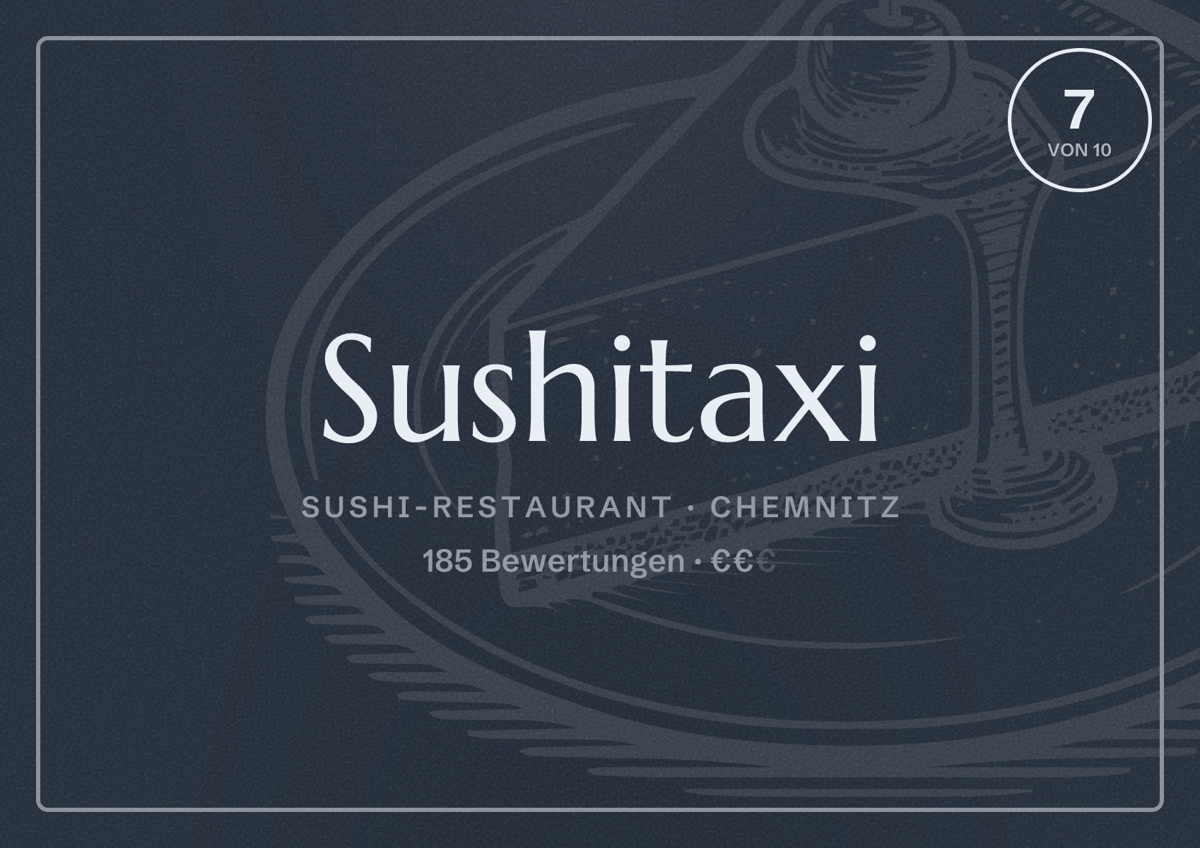 Illustriertes Poster von Sushitaxi, Sushi-Restaurant in Chemnitz: Bewertung 7 von 10 aus 185 Bewertungen, Preisniveau €€