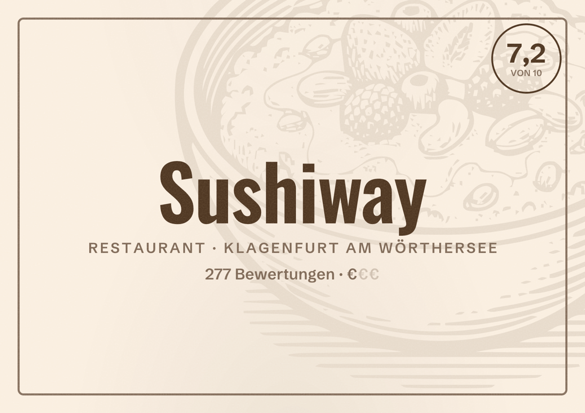 Illustriertes Poster von Sushiway, Restaurant in Klagenfurt am Wörthersee: Bewertung 7,2 von 10 aus 277 Bewertungen, Preisniveau €