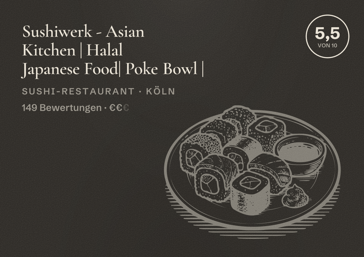 Illustriertes Poster von Sushiwerk - Asian Kitchen | Halal Japanese Food| Poke Bowl |, Sushi-Restaurant in Köln: Bewertung 5,5 von 10 aus 149 Bewertungen, Preisniveau €€