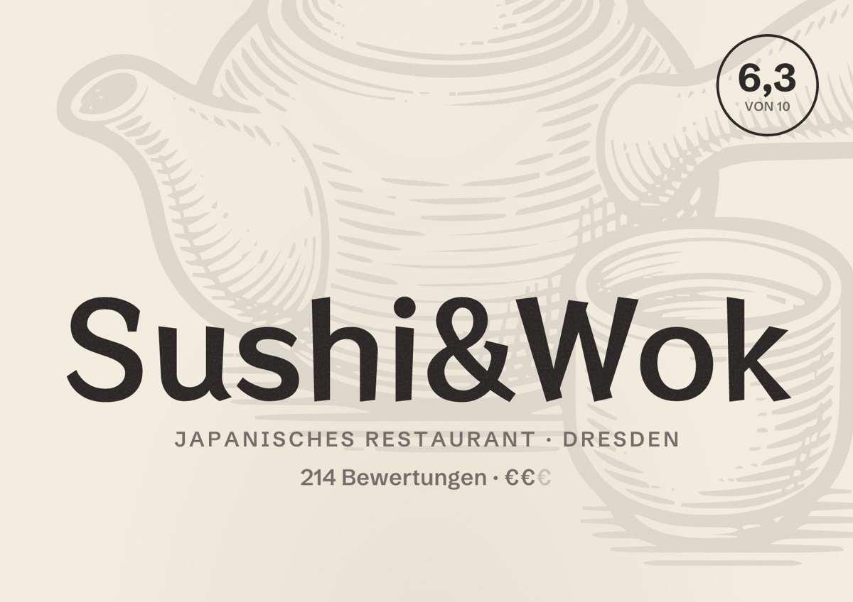 Illustriertes Poster von Sushi&Wok, Japanisches Restaurant in Dresden: Bewertung 6,3 von 10 aus 214 Bewertungen, Preisniveau €€