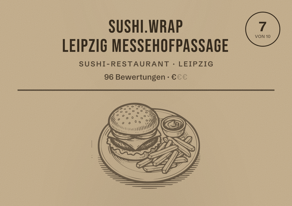 Illustriertes Poster von Sushi.Wrap Leipzig Messehofpassage, Sushi-Restaurant in Leipzig: Bewertung 7,0 von 10 aus 96 Bewertungen, Preisniveau €