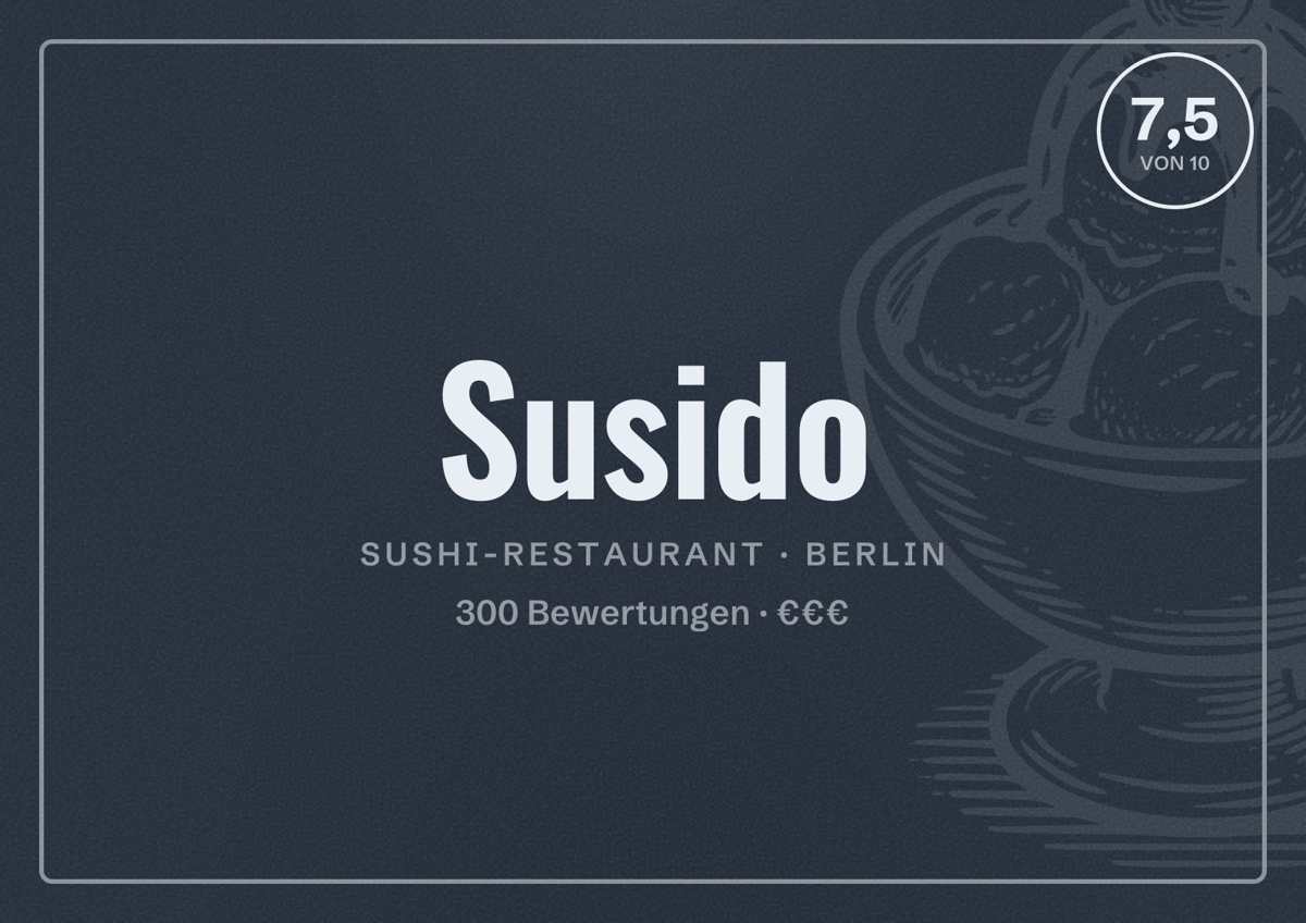 Illustriertes Poster von Susido, Sushi-Restaurant in Berlin: Bewertung 7,5 von 10 aus 300 Bewertungen, Preisniveau €€€