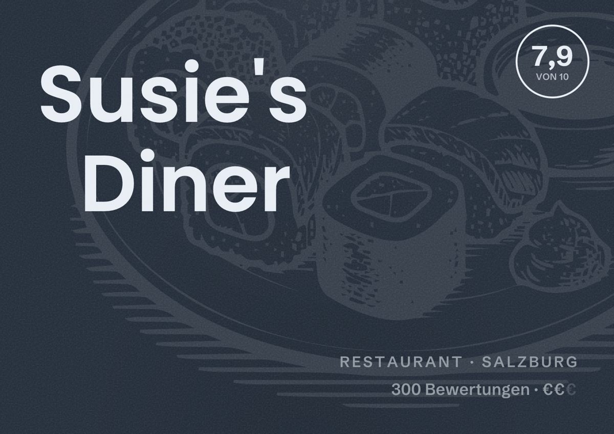 Illustriertes Poster von Susie's Diner, Restaurant in Salzburg: Bewertung 7,9 von 10 aus 300 Bewertungen, Preisniveau €€