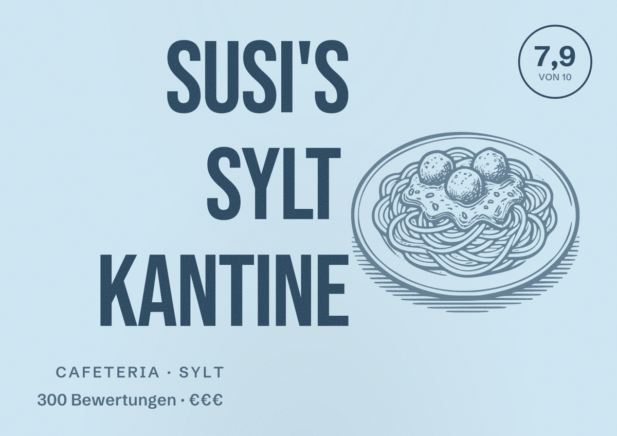 Illustriertes Poster von Susi's Sylt Kantine, Cafeteria in Sylt: Bewertung 7,9 von 10 aus 300 Bewertungen, Preisniveau €€€