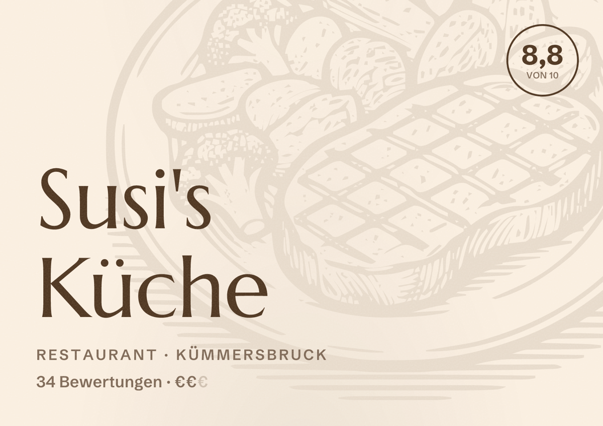 Illustriertes Poster von Susi's Küche, Restaurant in Kümmersbruck: Bewertung 8,8 von 10 aus 34 Bewertungen, Preisniveau €€