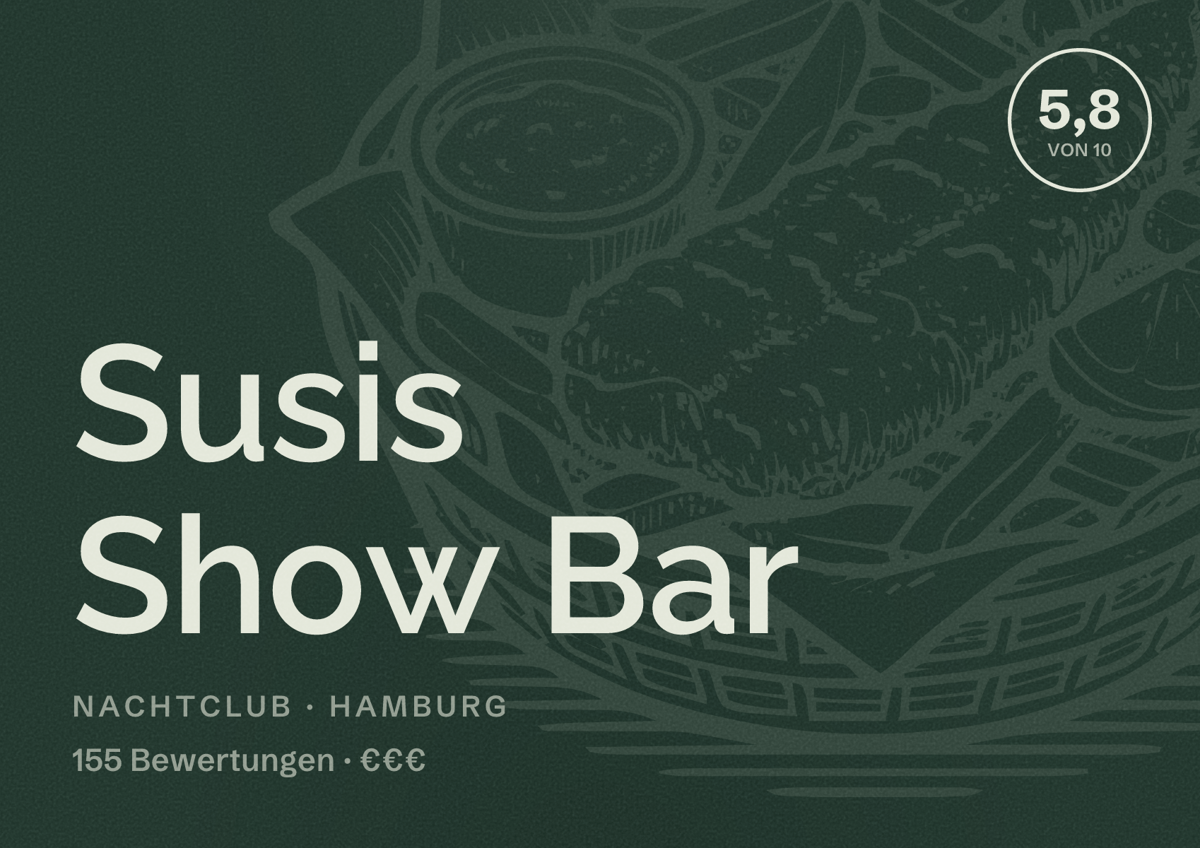Illustriertes Poster von Susis Show Bar, Nachtclub in Hamburg: Bewertung 5,8 von 10 aus 155 Bewertungen, Preisniveau €€€