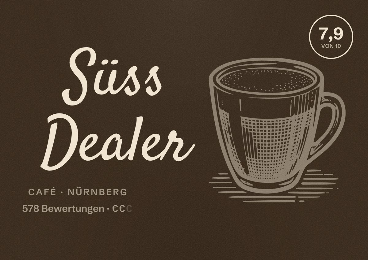 Illustriertes Poster von Süss Dealer, Café in Nürnberg: Gästebewertung 7,9 von 10 aus 578 Bewertungen