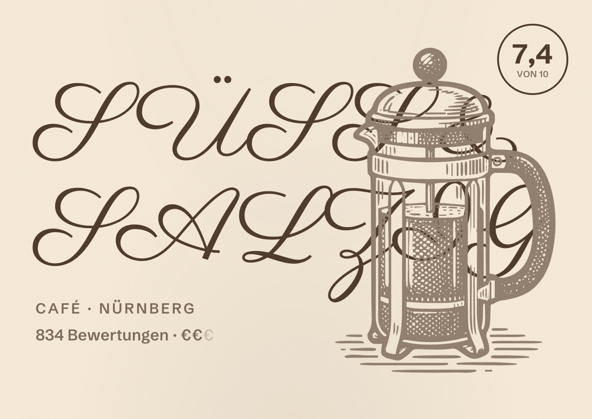Illustriertes Poster von SÜSS & SALZIG, Café in Nürnberg: Gästebewertung 7,4 von 10 aus 834 Bewertungen