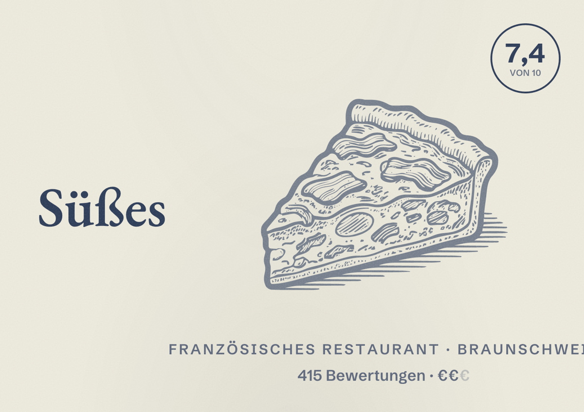Illustriertes Poster von Süßes Leben, Französisches Restaurant in Braunschweig: Bewertung 7,4 von 10 aus 415 Bewertungen, Preisniveau €€