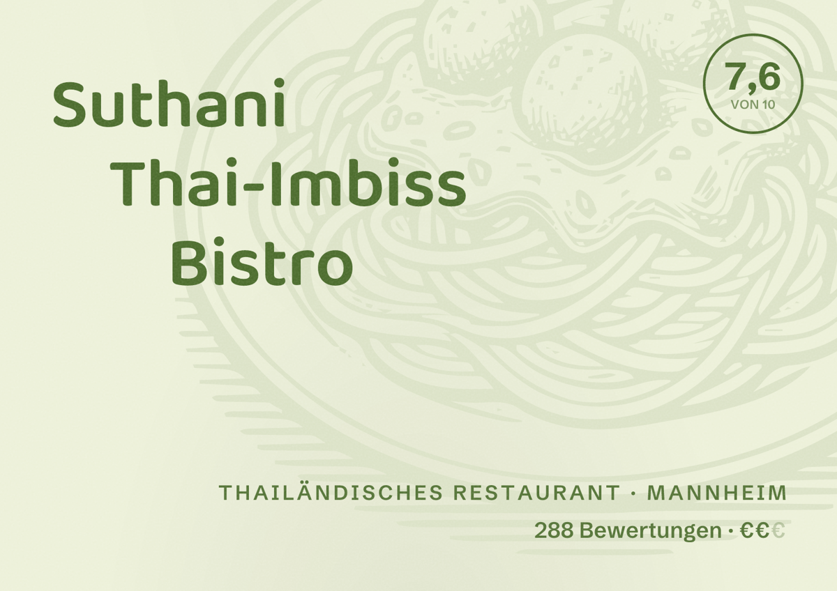 Illustriertes Poster von Suthani Thai-Imbiss Bistro, Thailändisches Restaurant in Mannheim: Gästebewertung 7,6 von 10 aus 288 Bewertungen