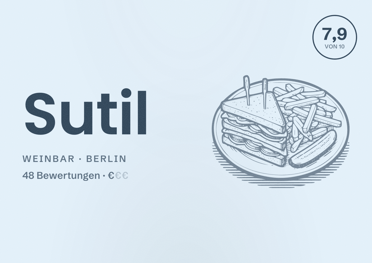 Illustriertes Poster von Sutil, Weinbar in Berlin: Bewertung 7,9 von 10 aus 48 Bewertungen, Preisniveau €
