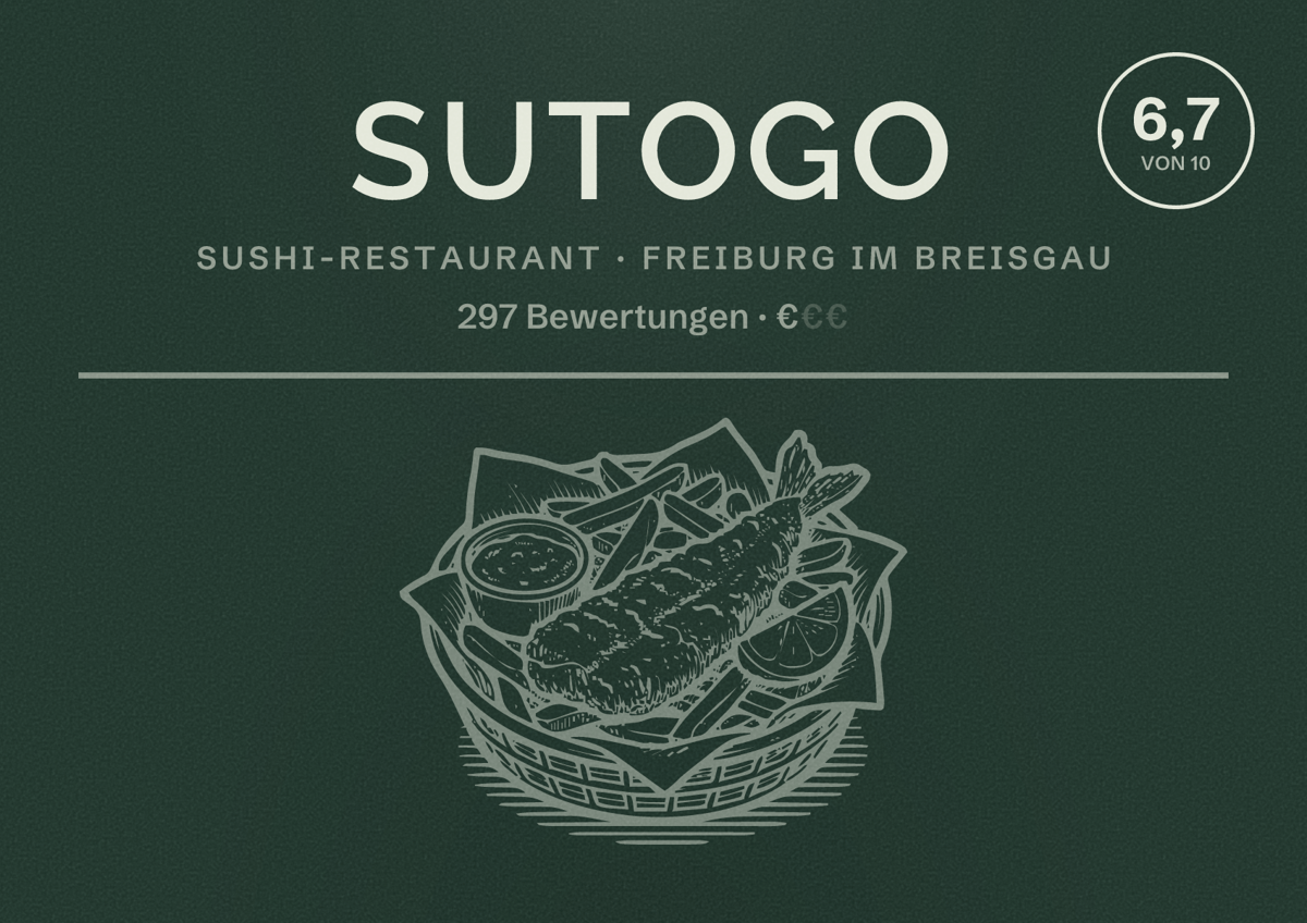 Illustriertes Poster von SUTOGO, Sushi-Restaurant in Freiburg im Breisgau: Bewertung 6,7 von 10 aus 297 Bewertungen, Preisniveau €