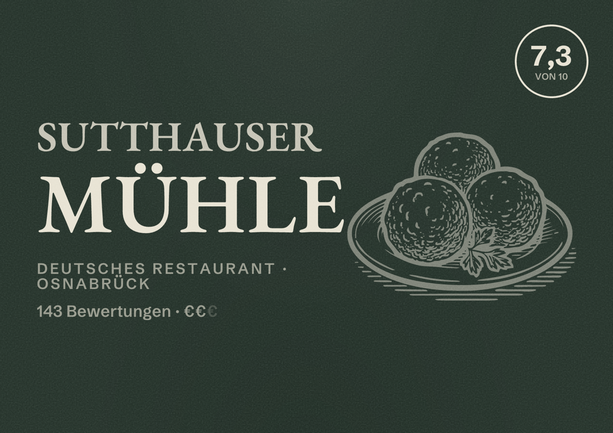 Illustriertes Poster von Sutthauser Mühle, Deutsches Restaurant in Osnabrück: Bewertung 7,3 von 10 aus 143 Bewertungen, Preisniveau €€