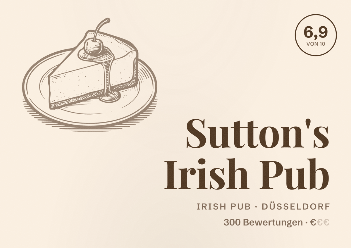 Illustriertes Poster von Sutton's Irish Pub, Irish Pub in Düsseldorf: Bewertung 6,9 von 10 aus 300 Bewertungen, Preisniveau €