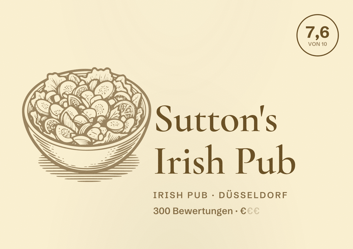 Illustriertes Poster von Sutton's Irish Pub, Irish Pub in Düsseldorf: Bewertung 7,6 von 10 aus 300 Bewertungen, Preisniveau €