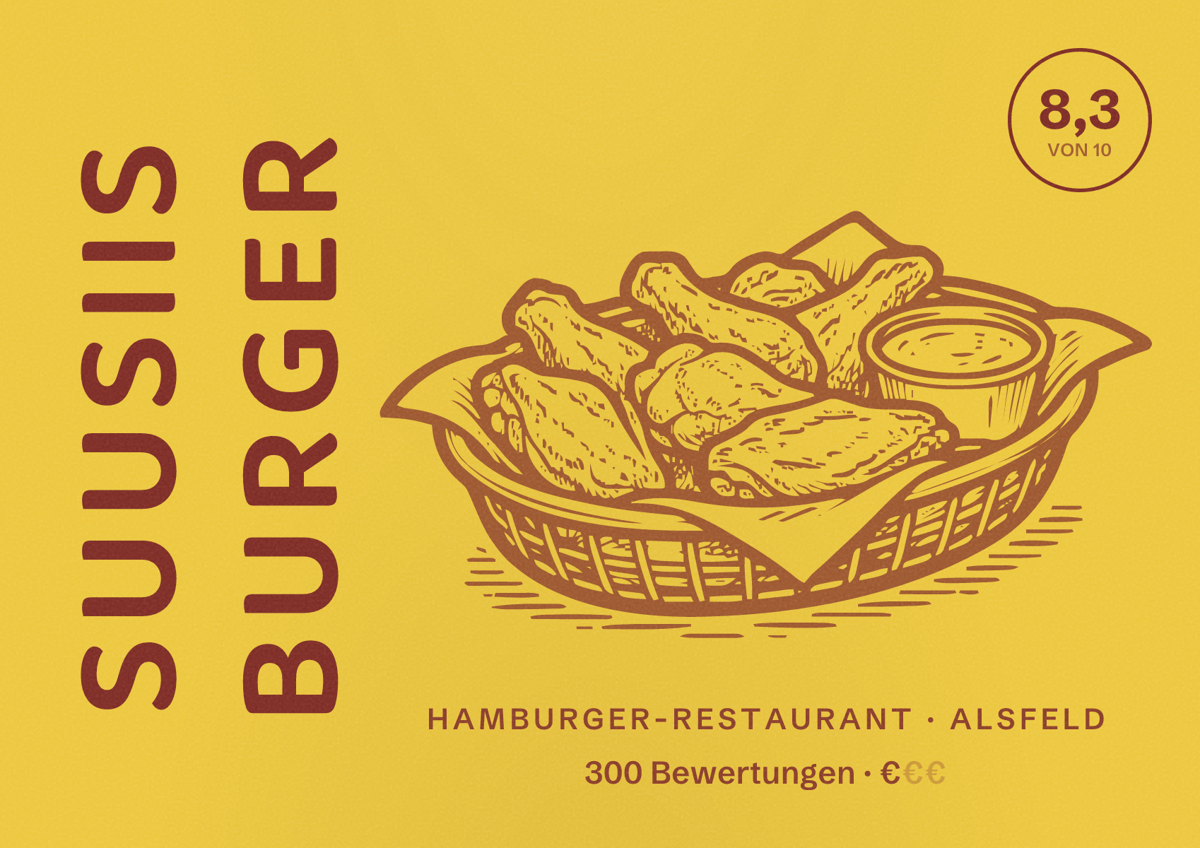 Illustriertes Poster von Suusiis Burger, Hamburger-Restaurant in Alsfeld: Bewertung 8,3 von 10 aus 300 Bewertungen, Preisniveau €