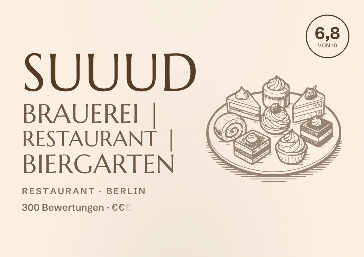 Illustriertes Poster von SUUUD Brauerei | Restaurant | Biergarten, Restaurant in Berlin: Bewertung 6,8 von 10 aus 300 Bewertungen, Preisniveau €€