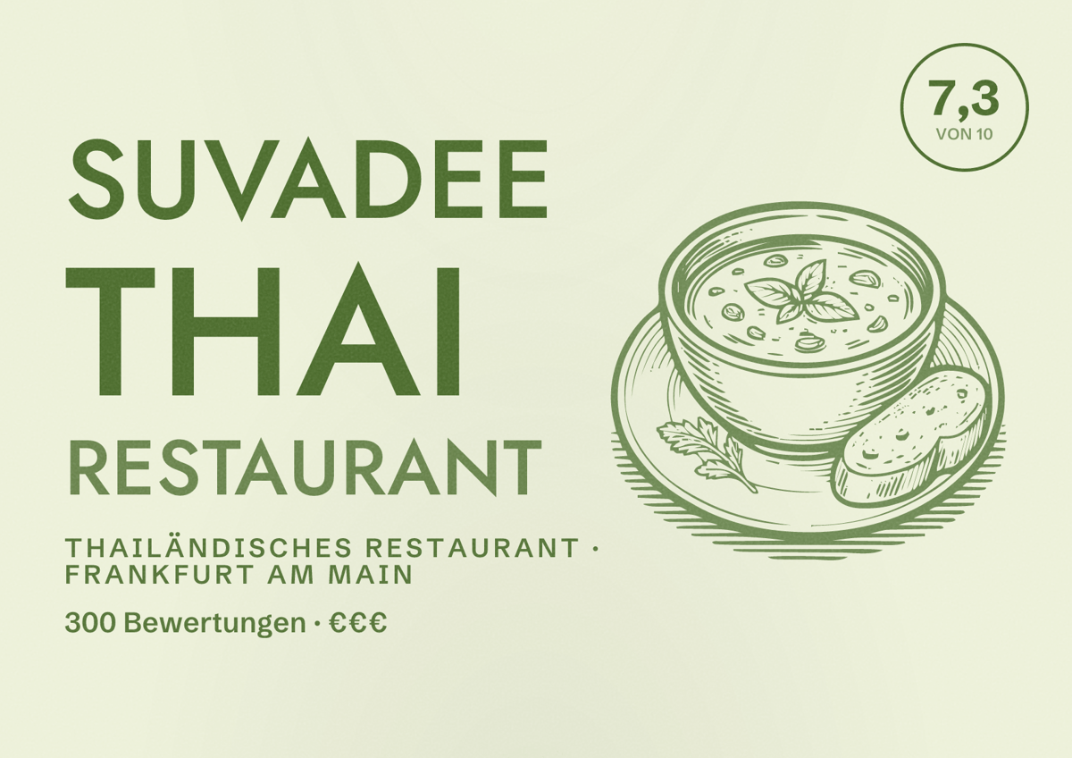 Illustriertes Poster von Suvadee Thai Restaurant, Thailändisches Restaurant in Frankfurt am Main: Bewertung 7,3 von 10 aus 300 Bewertungen, Preisniveau €€€