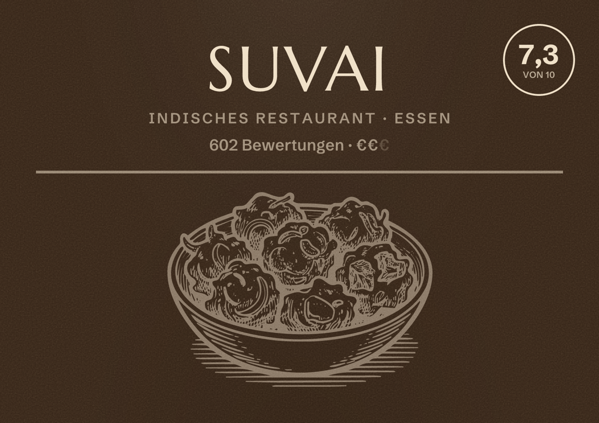 Illustriertes Poster von Suvai, Indisches Restaurant in Essen: Bewertung 7,3 von 10 aus 602 Bewertungen, Preisniveau €€