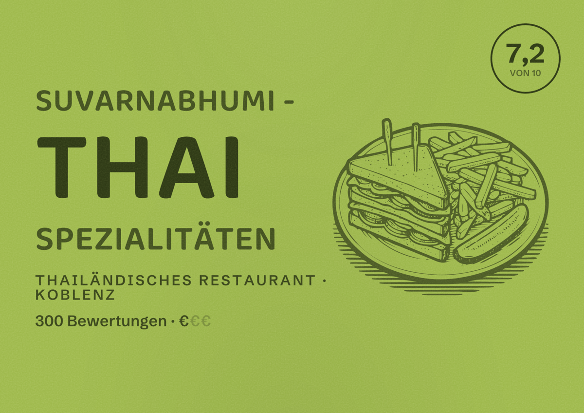 Illustriertes Poster von Suvarnabhumi - Thai Spezialitäten, Thailändisches Restaurant in Koblenz: Bewertung 7,2 von 10 aus 300 Bewertungen, Preisniveau €