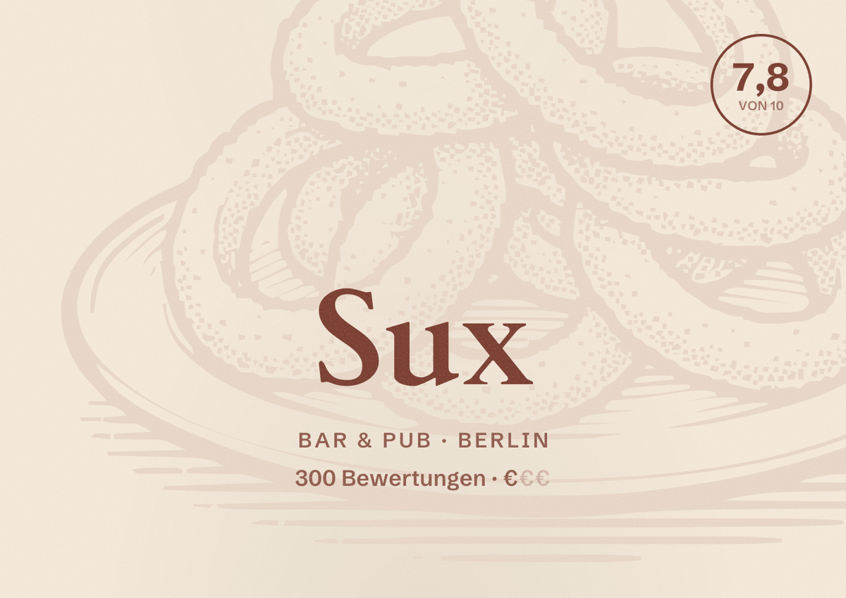 Illustriertes Poster von Sux, Bar & Pub in Berlin: Bewertung 7,8 von 10 aus 300 Bewertungen, Preisniveau €