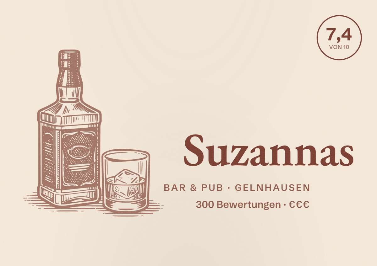 Illustriertes Poster von Suzannas, Bar & Pub in Gelnhausen: Bewertung 7,4 von 10 aus 300 Bewertungen, Preisniveau €€€