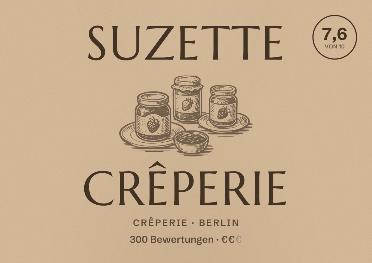 Illustriertes Poster von Suzette crêperie, Crêperie in Berlin: Bewertung 7,6 von 10 aus 300 Bewertungen, Preisniveau €€