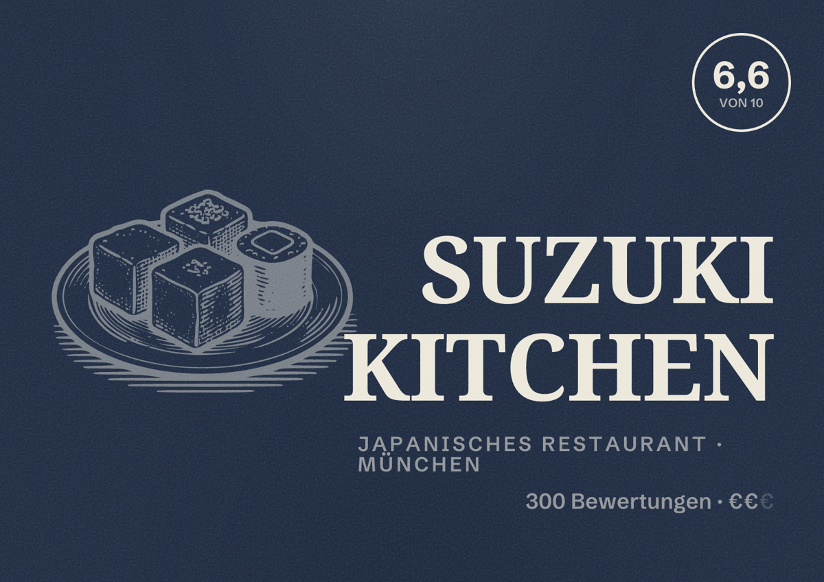 Illustriertes Poster von SUZUKI KITCHEN, Japanisches Restaurant in München: Bewertung 6,6 von 10 aus 300 Bewertungen, Preisniveau €€