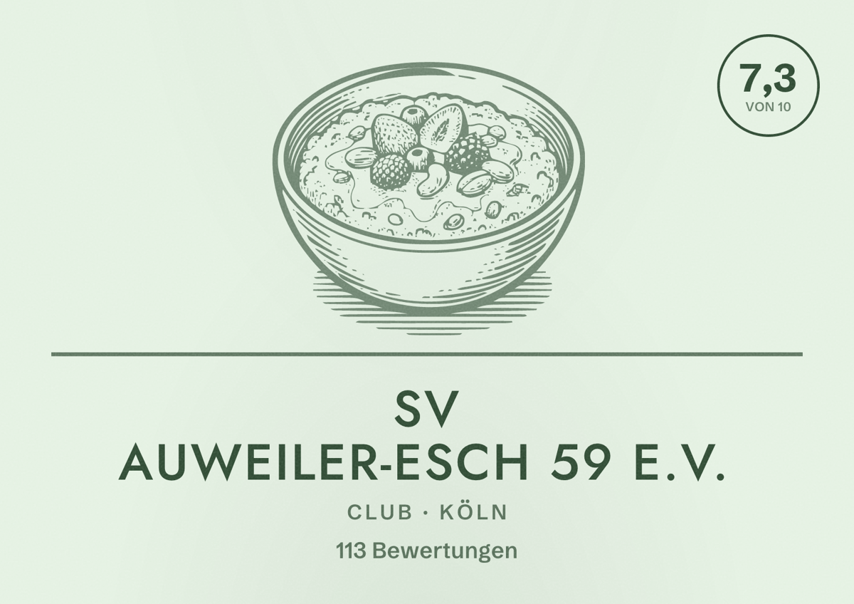 Illustriertes Poster von SV Auweiler-Esch 59 e.V., Club in Köln: Bewertung 7,3 von 10 aus 113 Bewertungen