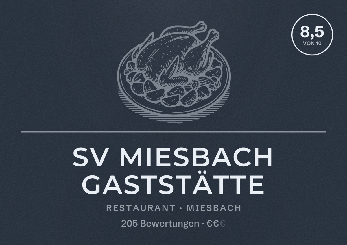 Illustriertes Poster von SV Miesbach Gaststätte, Restaurant in Miesbach: Bewertung 8,5 von 10 aus 205 Bewertungen, Preisniveau €€