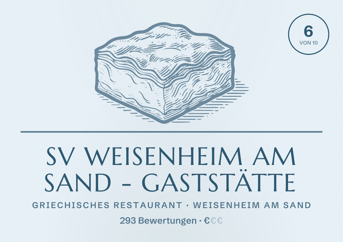Illustriertes Poster von SV Weisenheim am Sand - Gaststätte, Griechisches Restaurant in Weisenheim am Sand: Bewertung 6 von 10 aus 293 Bewertungen, Preisniveau €