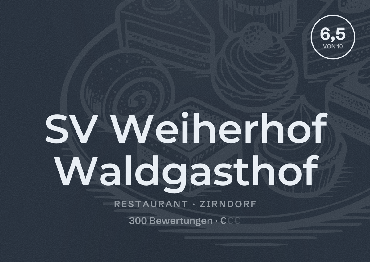 Illustriertes Poster von SV Weiherhof Waldgasthof, Restaurant in Zirndorf: Bewertung 6,5 von 10 aus 300 Bewertungen, Preisniveau €