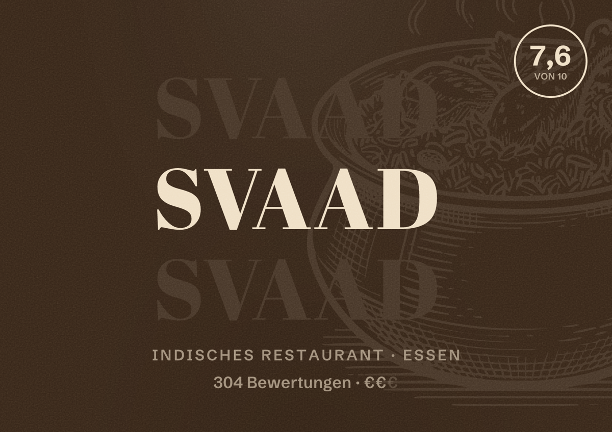 Illustriertes Poster von Svaad, Indisches Restaurant in Essen: Bewertung 7,6 von 10 aus 304 Bewertungen, Preisniveau €€
