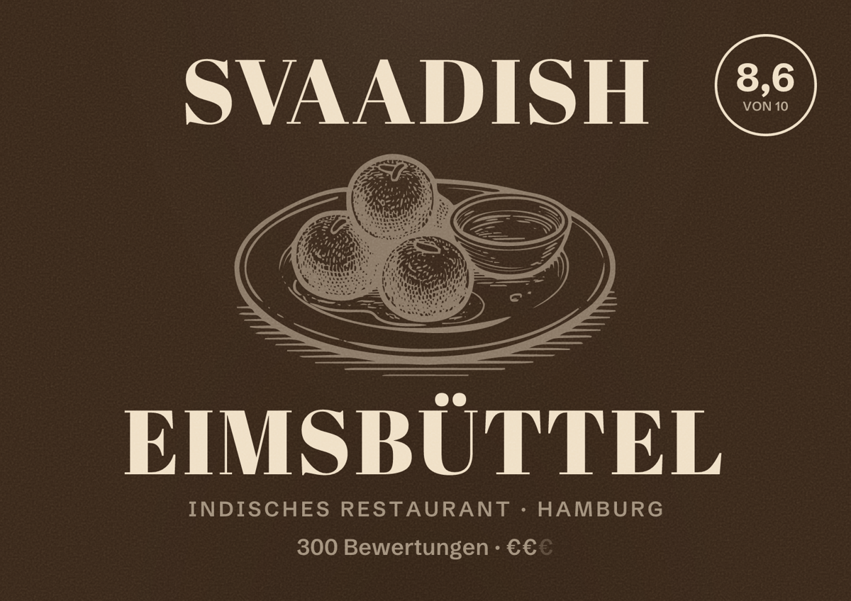 Illustriertes Poster von SVAAdish Eimsbüttel, Indisches Restaurant in Hamburg: Bewertung 8,6 von 10 aus 300 Bewertungen, Preisniveau €€