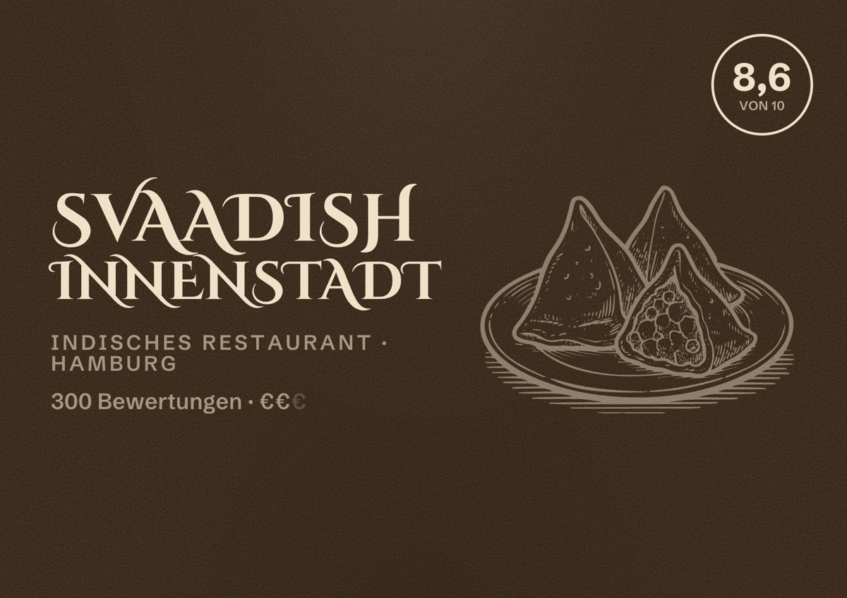 Illustriertes Poster von SVAAdish Innenstadt, Indisches Restaurant in Hamburg: Bewertung 8,6 von 10 aus 300 Bewertungen, Preisniveau €€