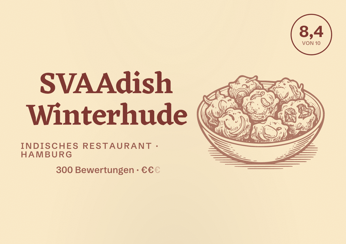 Illustriertes Poster von SVAAdish Winterhude, Indisches Restaurant in Hamburg: Bewertung 8,4 von 10 aus 300 Bewertungen, Preisniveau €€