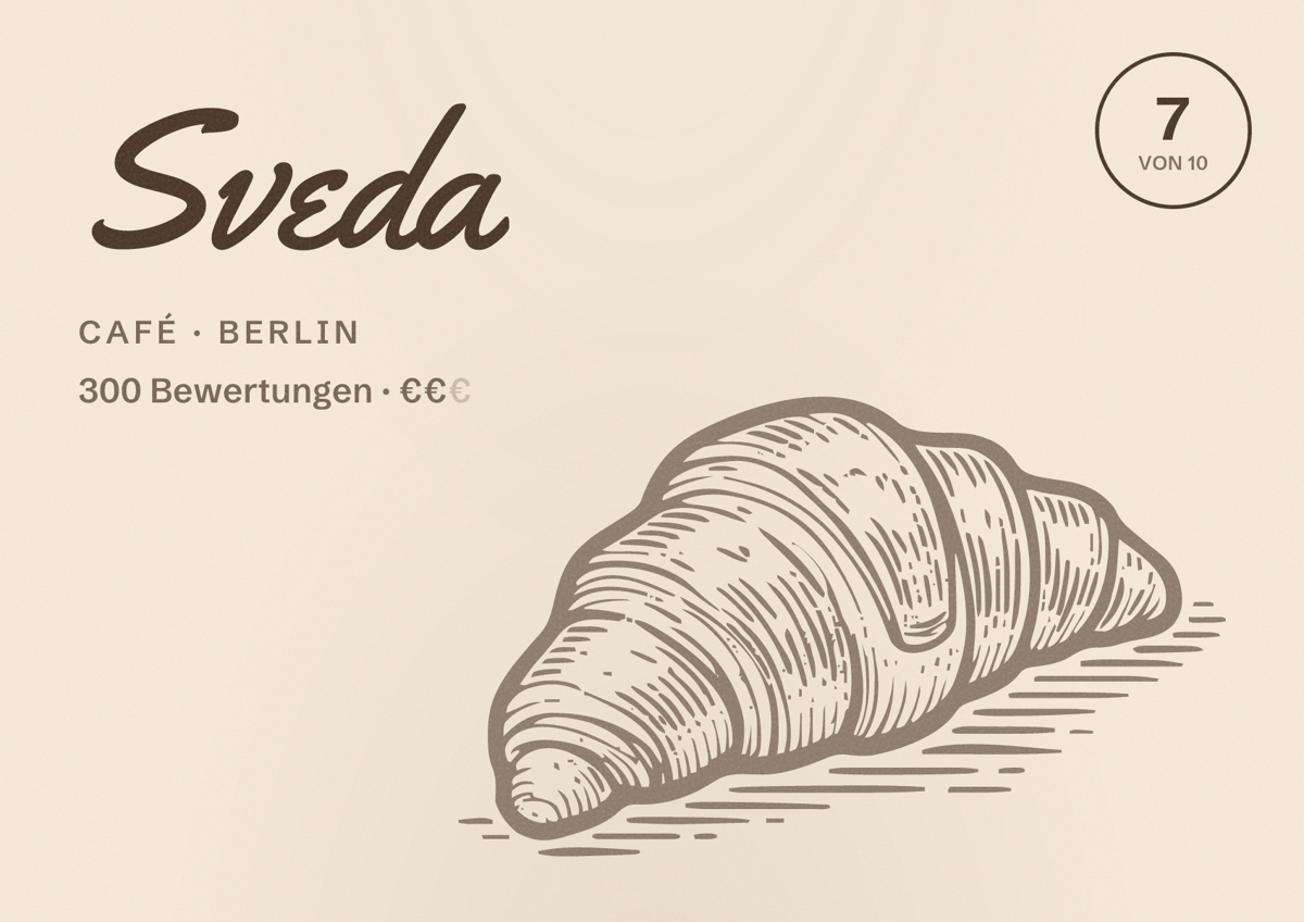 Illustriertes Poster von Sveda, Café in Berlin: Bewertung 7,0 von 10 aus 300 Bewertungen, Preisniveau €€