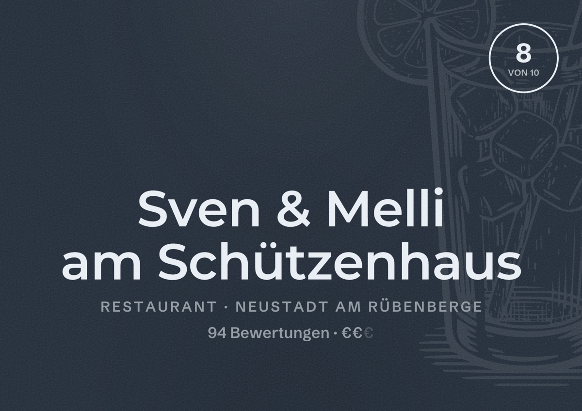 Illustriertes Poster von Sven & Melli am Schützenhaus, Restaurant in Neustadt am Rübenberge: Bewertung 8 von 10 aus 94 Bewertungen, Preisniveau €€