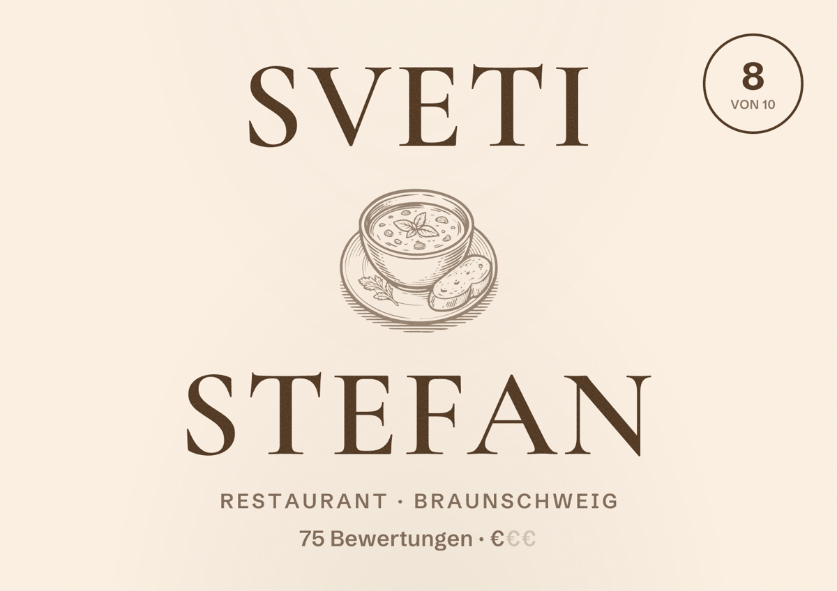 Illustriertes Poster von Sveti Stefan, Restaurant in Braunschweig: Bewertung 8 von 10 aus 75 Bewertungen, Preisniveau €