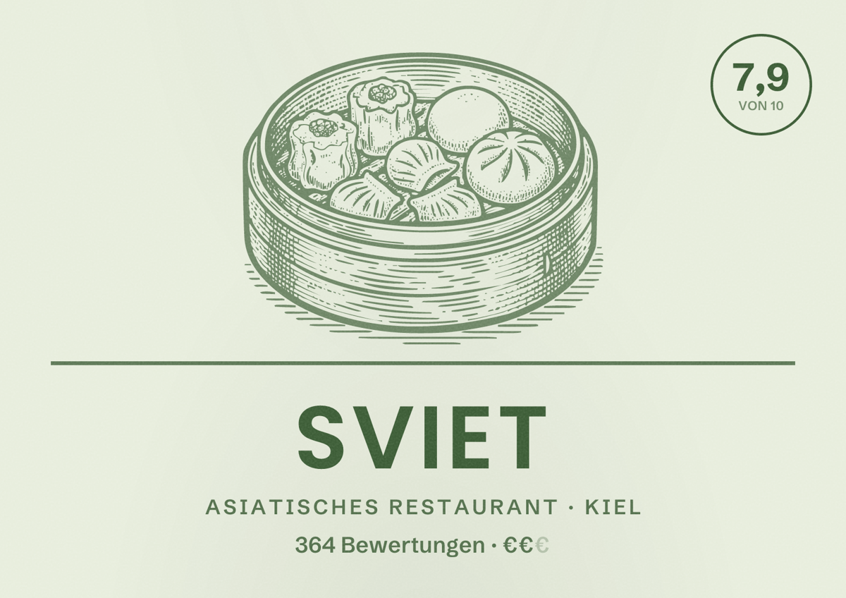 Illustriertes Poster von Sviet, Asiatisches Restaurant in Kiel: Bewertung 7,9 von 10 aus 364 Bewertungen, Preisniveau €€