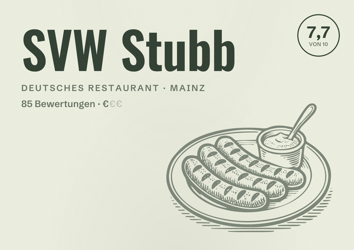 Illustriertes Poster von SVW Stubb, Deutsches Restaurant in Mainz: Bewertung 7,7 von 10 aus 85 Bewertungen, Preisniveau €