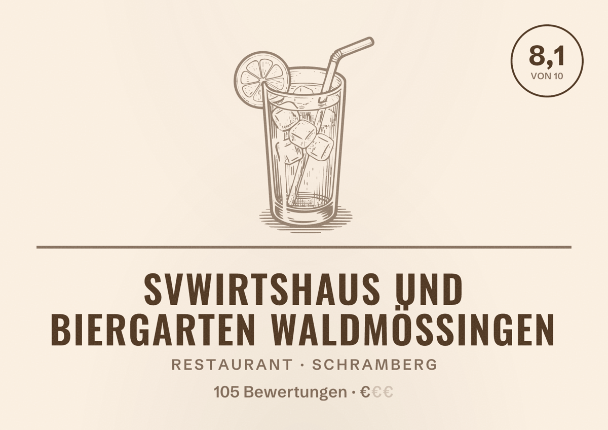 Illustriertes Poster von SVWirtshaus und Biergarten Waldmössingen, Restaurant in Schramberg: Bewertung 8,1 von 10 aus 105 Bewertungen, Preisniveau €