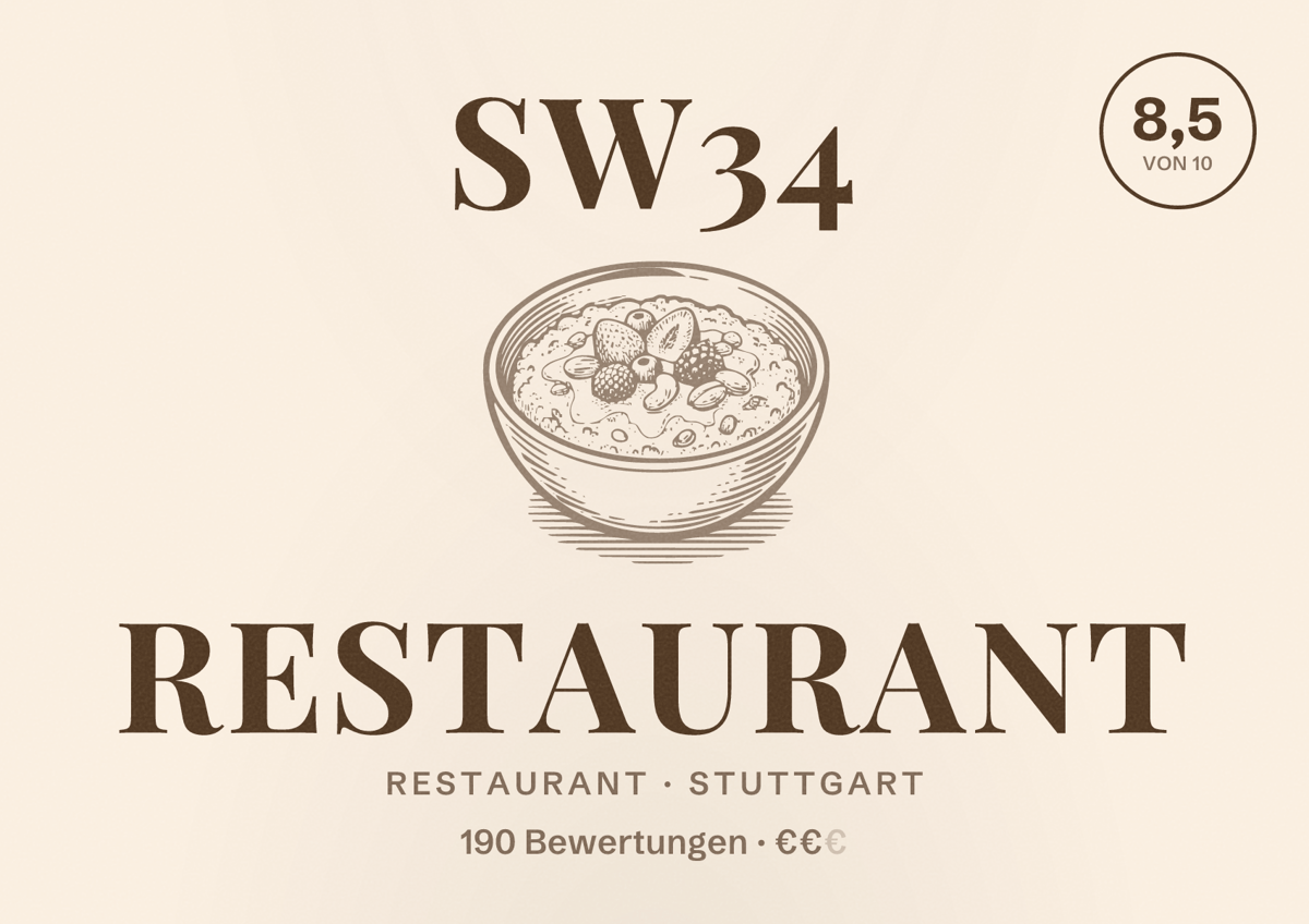 Illustriertes Poster von SW34 Restaurant, Restaurant in Stuttgart: Bewertung 8,5 von 10 aus 190 Bewertungen, Preisniveau €€