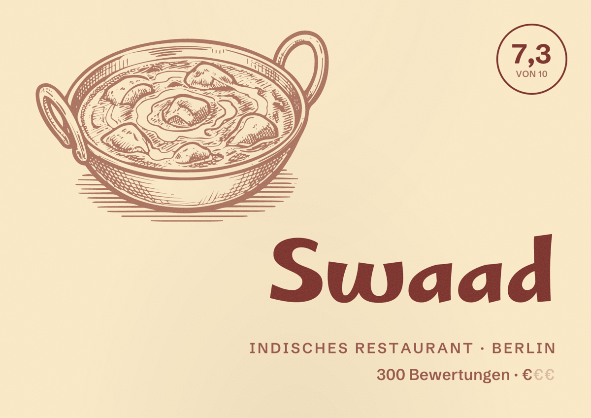Illustriertes Poster von Swaad, Indisches Restaurant in Berlin: Bewertung 7,3 von 10 aus 300 Bewertungen, Preisniveau €