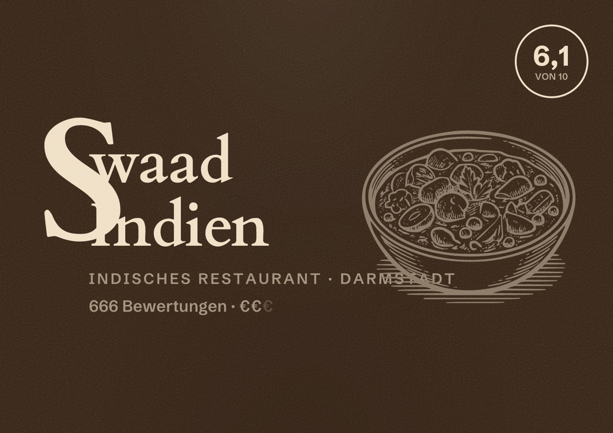 Illustriertes Poster von Swaad Indien, Indisches Restaurant in Darmstadt: Bewertung 6,1 von 10 aus 666 Bewertungen, Preisniveau €€