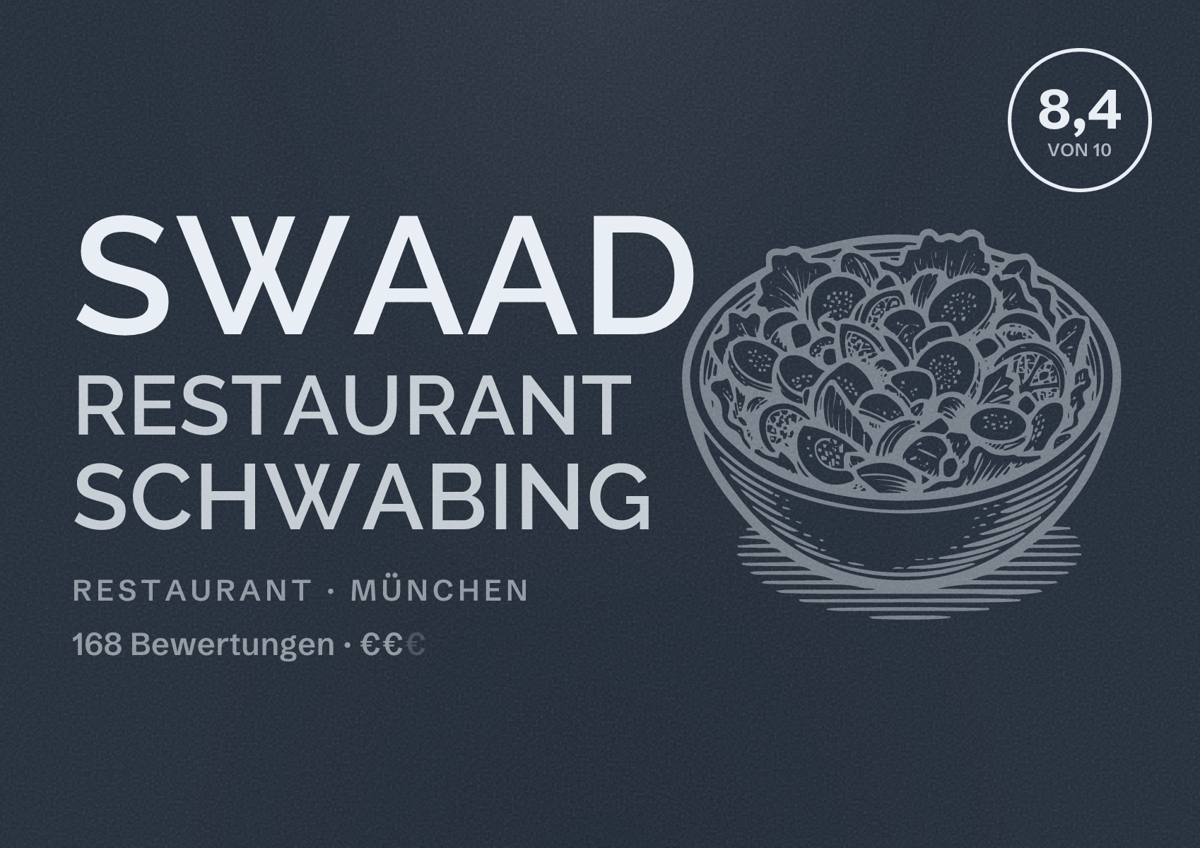 Illustriertes Poster von Swaad Restaurant Schwabing, Restaurant in München: Bewertung 8,4 von 10 aus 168 Bewertungen, Preisniveau €€